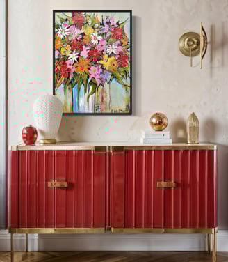 Painting of florals by Vera Walton in a living room space