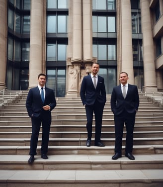 A group of people dressed in formal attire are standing in front of a real estate office. The storefront displays a large sign with an URL and various social media icons, and text in a foreign language. The group mostly consists of men in white shirts and dark trousers, standing in a straight line, with two women at either end of the row.