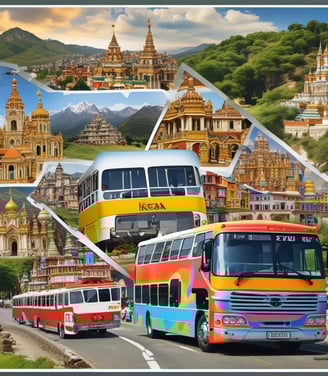 A blue coach bus with Krisa travel agency branding is crossing a narrow stone bridge