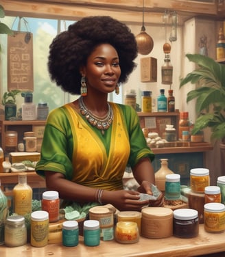 A market stall displaying an array of natural hair and skincare products, including bottles, jars, and soap bars. Promotional signs indicate offerings such as natural hair treatments, sprays, and soap. The products are neatly arranged on wooden blocks and layered fabric, with a variety of colors and branding labels visible.