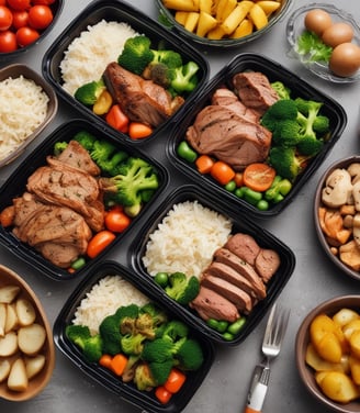An assortment of meal prep containers with a variety of foods including grilled chicken with a lemon slice, zucchini noodles, and a dish with sauce over greens. Surrounding these are ingredients like fresh Swiss chard, a red onion, eggs in a carton, garlic cloves, and a small bowl of olive oil with a sprig of rosemary.
