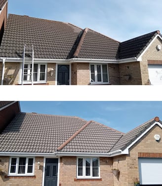 Before and after of a bungalow roof cleaned by Venom Property Maintenance in Hull — moss, algae, and