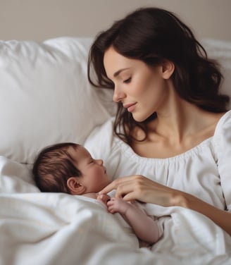 A close-up view of a pregnant person in a light-colored sweater, with a pair of hands with red painted nails gently resting on the belly, suggesting a connection or support. Another pair of hands is placed closely below, clasping the first pair.