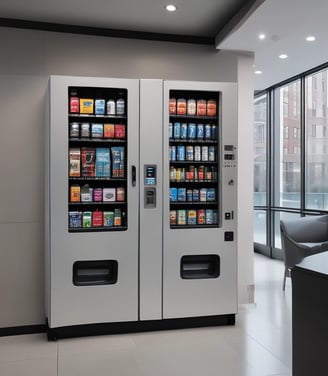 Two vending machines are placed side by side under a sheltered area. The machine on the left is white, stocked with beverages, and displays various drinks through a glass front. The right machine is orange with visible branding, also filled with bottles and cans. Some people are walking in the background near a fenced pathway.