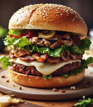 A gourmet sandwich featuring a large, juicy burger patty topped with melted cheese, crispy fried onions, and fresh lettuce, all between two toasted sesame-seed bread slices. The sandwich is placed on a lined tray, set against a dark background.