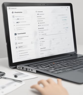 A laptop computer with a website displayed on the screen featuring the text 'Exceptional Web Application design & development'. The laptop is on a dark surface, and the website has a clean and modern design with a light background and colorful text elements.