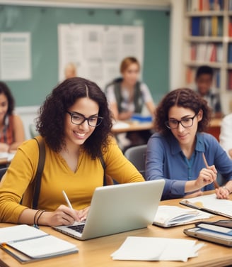 A classroom of engaged students, primarily young women, are sitting in rows wearing white uniforms with braided hair. They appear to be focused and attentive, suggesting a classroom setting. The sunlight filters through the windows, creating a warm ambiance.