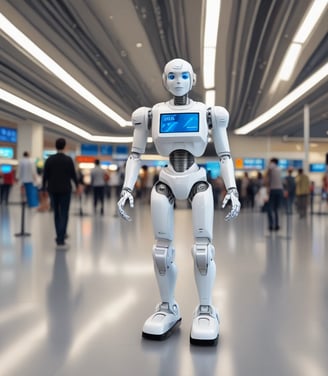 A small, round robot with a smooth white surface and blue accents operates a blue laptop on a sleek, floating platform. The robot has glowing eyes and an antenna on its head, with an 'AI' emblem on its front.