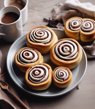 Six freshly baked cinnamon rolls placed on a sheet of parchment paper inside a baking tray. The rolls have a golden-brown crust with visible swirls of cinnamon. Each roll is neatly arranged, showcasing their spiral shape and cinnamon-coated tops.