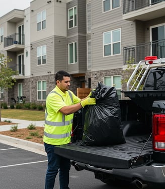 A man putting a trash bag into the back of a black pickup truck during valet trash service.