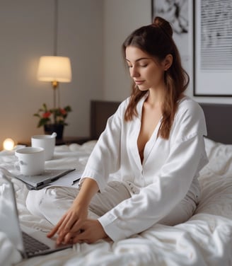 Various wellness and beauty products, including oils in bottles, a bowl of oil, dried flowers, crystals, a smudge stick, and a small dish of cream, are arranged aesthetically on a light surface. The scene is decorated with colorful flowers and herbs.