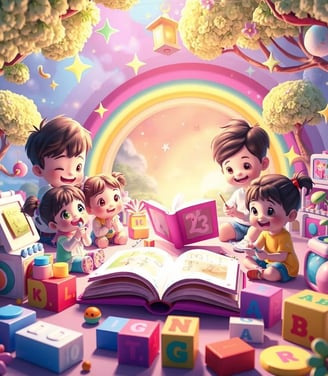 Crianças brincando e aprendendo em um mundo mágico cheio de livros, brinquedos e cores.