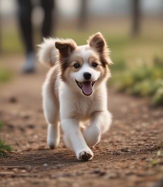 A small, fluffy brown dog with its tongue out sits playfully in a wooden crate. The background features a tiled floor with soft, neutral tones, providing a cozy and warm atmosphere.