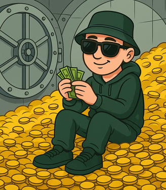 Hustensaft Jüngling in einem überdimensionalen Geldspeicher, umgeben von Goldmünzen und Geldscheinen. Die Figur sitzt entspan