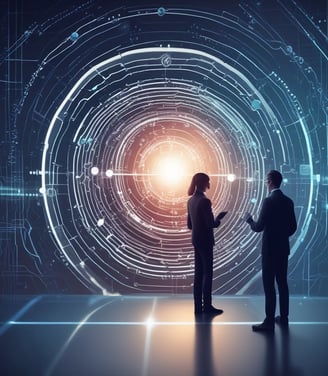 a man and woman standing in front of a large circular object