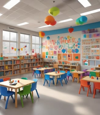 A colorful classroom corner decorated with educational materials and artwork. A tree made of brown paper with a bright yellow paper sun on a blue background. Alphabet letters displayed on a board with multicolored magnets. Several educational posters feature drawings and letters, and a plush toy lies on a white shelf. Various cut-out images and decorations create a child-friendly and engaging learning environment.