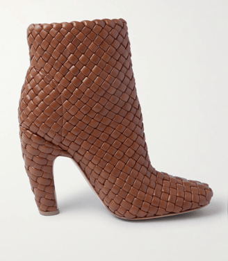 Luxury brown woven leather ankle boot with a curved heel.