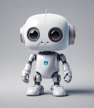 A small, white humanoid robot with blue accents, including eyes, mouth, and a circular badge with the letters 'AI' on its chest, is positioned in front of a blue laptop on a metallic surface. The robot has a simple, smooth design with two cylindrical arms and a small antenna on top.
