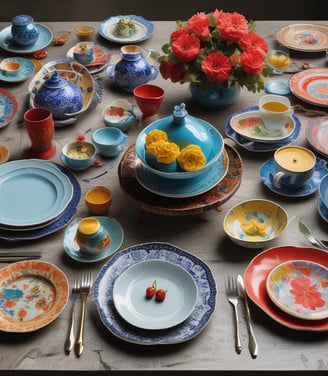 Various handcrafted ceramic cups, mugs, and spoons are displayed on a checkered tablecloth. The ceramics feature colorful designs, including floral patterns, polka dots, and whimsical shapes. Some cups have handles in unique shapes, and a small price tag is visible among the items.