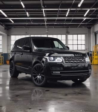 A close-up view of the rear end of a high-performance luxury car with a glossy black finish and a distinctive logo on the back. The car features a sleek tail light that runs across the width of the vehicle. Below the tail light, there is a license plate with a 'GYEON Certified Detailer' logo and another logo that indicates the car has undergone a specialized makeover. The interior setting suggests a high-end detailing shop or garage with warm lighting and modern fixtures in the background.