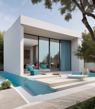 A rustic wooden building houses a laundromat with signs for wash, dry, and fold services. The signage prominently features red and blue text. Red cloth pieces are attached to antennas on the roof. The contrast between the blue sky, white clouds, and green foliage creates a quaint atmosphere.
