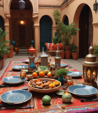 A gold-toned tray is set against a geometrically patterned tile wall. On the tray, two tagine pots are present, one green and one pink, containing a lentil dish and a seasoned dish respectively. A piece of flatbread is placed alongside a wooden spoon, all resting on a black fabric with white patterns.