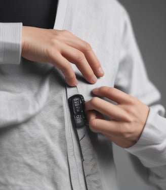 A person's hand holds a small, circular electronic device displaying a prominent logo. The device is likely designed for tracking and is compact in size.