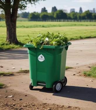 A person is pushing a large green waste bin with 'businesswaste.co.uk' and a phone number printed on the side. The bin has four wheels and is positioned in a dimly lit space with a wall of cinder blocks in the background.