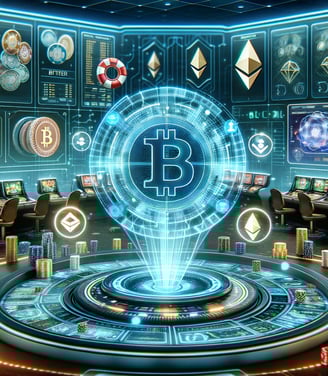 Futuristic casino environment with holographic displays, Bitcoin, Ethereum, and blockchain network.