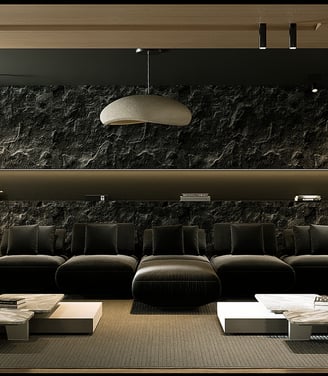 "Luxury lounge area with dark stone walls, plush seating, and elegant lighting fixtures."