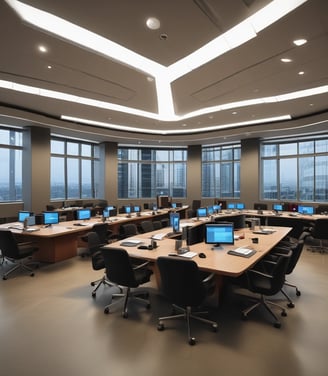 A conference room with a long wooden table surrounded by chairs covered in protective plastic. Multiple computer monitors are placed on tables against the walls, each displaying nature-themed images. The walls are lined with wood paneling, and a sign indicating a center for artificial intelligence is displayed at the front. There are decorative flower arrangements on the table, and the overall setup suggests a professional environment.