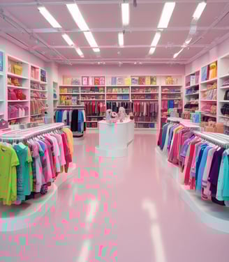 A spacious retail store with bright lighting and neatly arranged clothing and footwear displays. Mannequins wearing children's outfits are prominently featured in the foreground, while various clothes and shoes are organized on racks and shelves throughout the store. People are seen browsing and shopping in the background, adding a lively atmosphere to the setting.