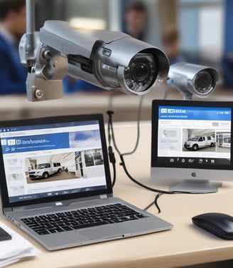 A modern white security camera with a sleek design is illuminated by contrasting red and blue lighting. The camera is placed on a dark surface, and a cord is visible extending from it.