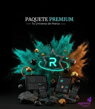 Explosión 3D turquesa y cobre con dispositivos y estrella R; Paquete Premium Egremy Digital, universo de marca.