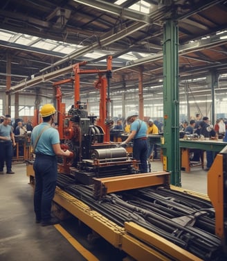 The image shows an industrial setting with a view through a large window. There is a control desk with computer monitors and various devices in the foreground. In the background, a factory floor with machinery, including a yellow robotic arm and various equipment, is visible. The space appears clean and organized, with box pallets stacked neatly.