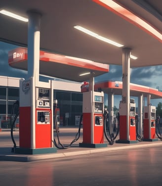 An industrial setting with multiple filling stations under a metal canopy. There are several pipes, valves, and ladders associated with each station. Traffic cones are placed strategically on the ground, and part of the background shows a ship in a dockyard with some cranes visible, indicating a port environment.