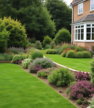 A well-maintained garden features a small, beautifully shaped conifer tree planted in a square plot surrounded by a pebble pathway. The lush greenery includes various shrubs and plants. Tall deciduous trees in the background add depth to the scene under the bright blue sky.