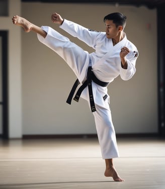 Two individuals are engaged in a Brazilian Jiu-Jitsu match on a mat. Both are wearing white gis and are in a close combat position, displaying intense focus and grappling skills. The setting appears to be an indoor sports facility with a wooden bench visible in the background.