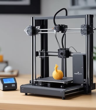 A workspace featuring a 3D printer and a tablet with a keyboard. The 3D printer, equipped with a spool of filament, is actively printing an object with orange components. Nearby, a tablet with a colorful screen is positioned on a cutting mat. The background includes shelves with various tools and supplies, indicating an organized and tech-oriented setting.