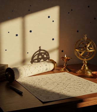 Vedic astrology workspace with a Navamsa chart, brass astrolabe, candle, and scroll on a wooden desk