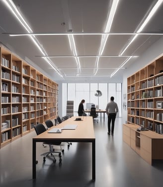 A monochromatic indoor scene featuring a consultation area with a modern design. Two people are seated at a long wooden table, working on laptops, while another person stands nearby. Bookshelves are visible beneath the table, and a sign reads 'Consultation Specialisee'. Overhead lighting and glass partitions add to the contemporary architectural style.