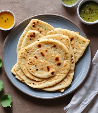 A vibrant dish featuring biryani served in a round bread bowl. A piece of cooked chicken with onion rings and garnishes is placed on top. A papadum is balanced upright, adding a crispy element. A small bowl of yogurt with herbs and spices is beside it, all set on a dark, textured surface.