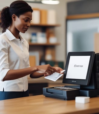 A person is making a payment using a credit card on a small, square card reader connected to a modern point-of-sale system at a minimalist counter. Another person is standing nearby, possibly a cashier, wearing a grey t-shirt. Sunglasses rest on the counter, and the background features a simple, white decor.