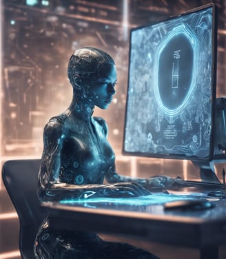 a woman sitting at a desk with a computer monitor and a monitor