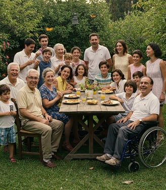 una famiglia in un pranzo organizzato in un giardino
