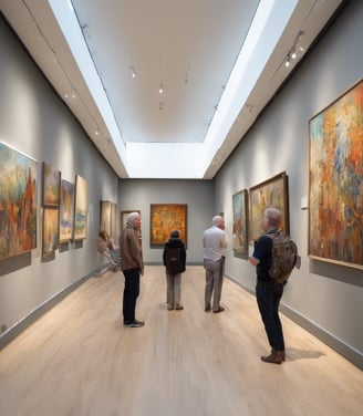 An art gallery with a sleek modern interior featuring several framed artworks displayed on white walls. The gallery is adorned with purple and white drapery along the glass railings. Several people are walking through the space, casually observing the artwork.