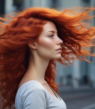 a woman with red hair and a white shirt