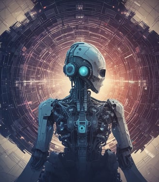 A futuristic and digital-themed image features a stylized circuit board with the words 'Open AI' in bold, glowing letters. Above it is a design that resembles an AI or robot face with neon accents. The background consists of a network of interconnected blue lines and nodes, suggesting themes of technology and connectivity.