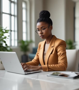 A person is working on a laptop at a wooden table. Next to them is a stack of books relating to business and success, with titles visible such as 'The Warren Buffett Way' and 'The Deals That Made The World'. The setting appears to be professional, possibly an office or study.