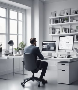A professional consultation setting with a medical professional sitting at a desk facing a client. The room has a modern aesthetic with white walls decorated with framed certificates. The desk is organized with office supplies, a laptop, and a fruit bowl in the center.